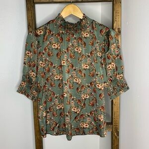 VOY Floral Green Blouse with Ruffled Neckline Size S